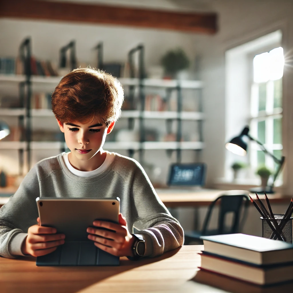 Un jeune étudiant concentré travaillant sur une tablette dans une bibliothèque lumineuse